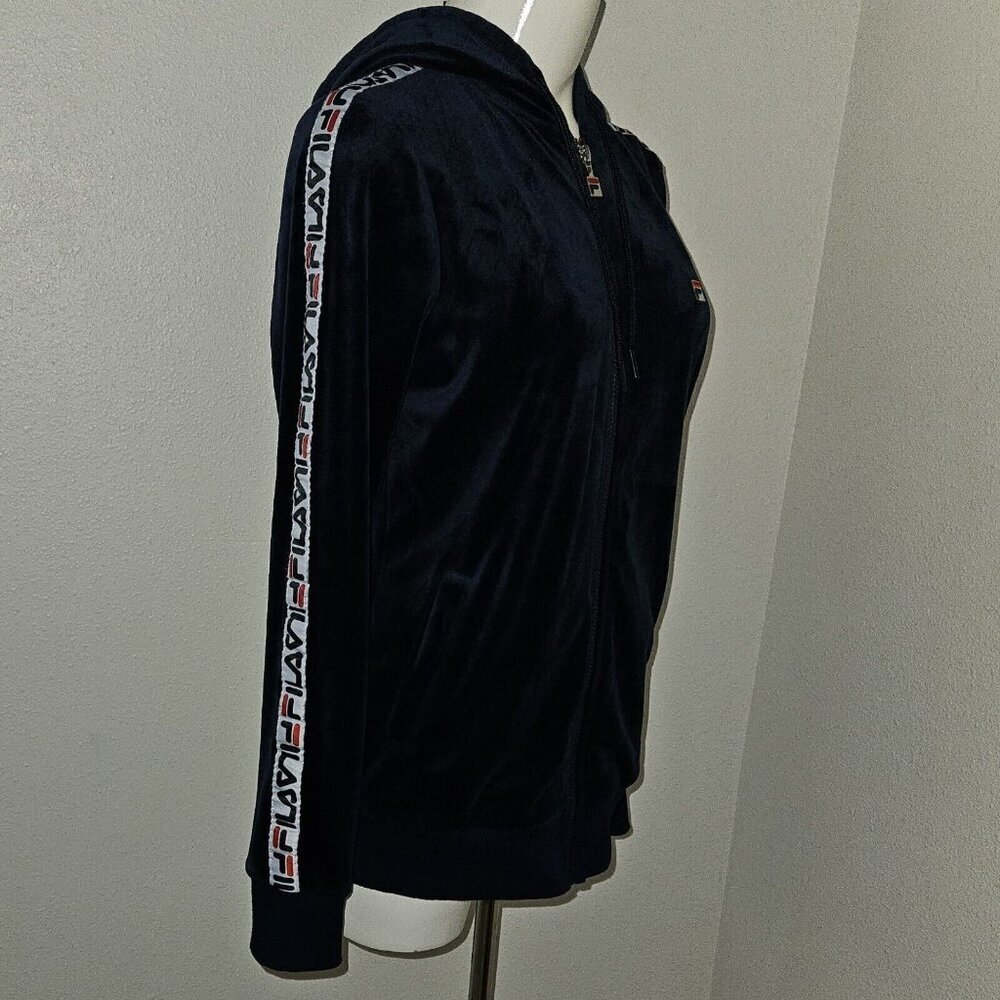 Fila Navy Blue Velour Full Zip Logo Tape Sleeve Stripe Track Jacket Women Medium - Picture 5 of 11